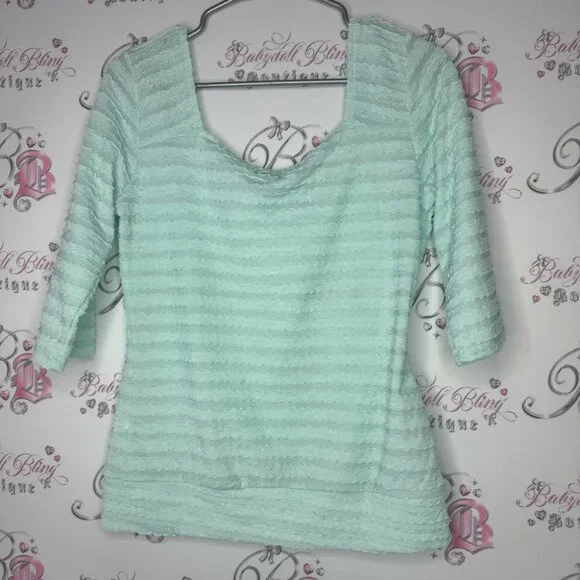 Tropical summer top 3d ruffle frilly square neckline stretchy aqua blue comfy - Picture 5 of 8